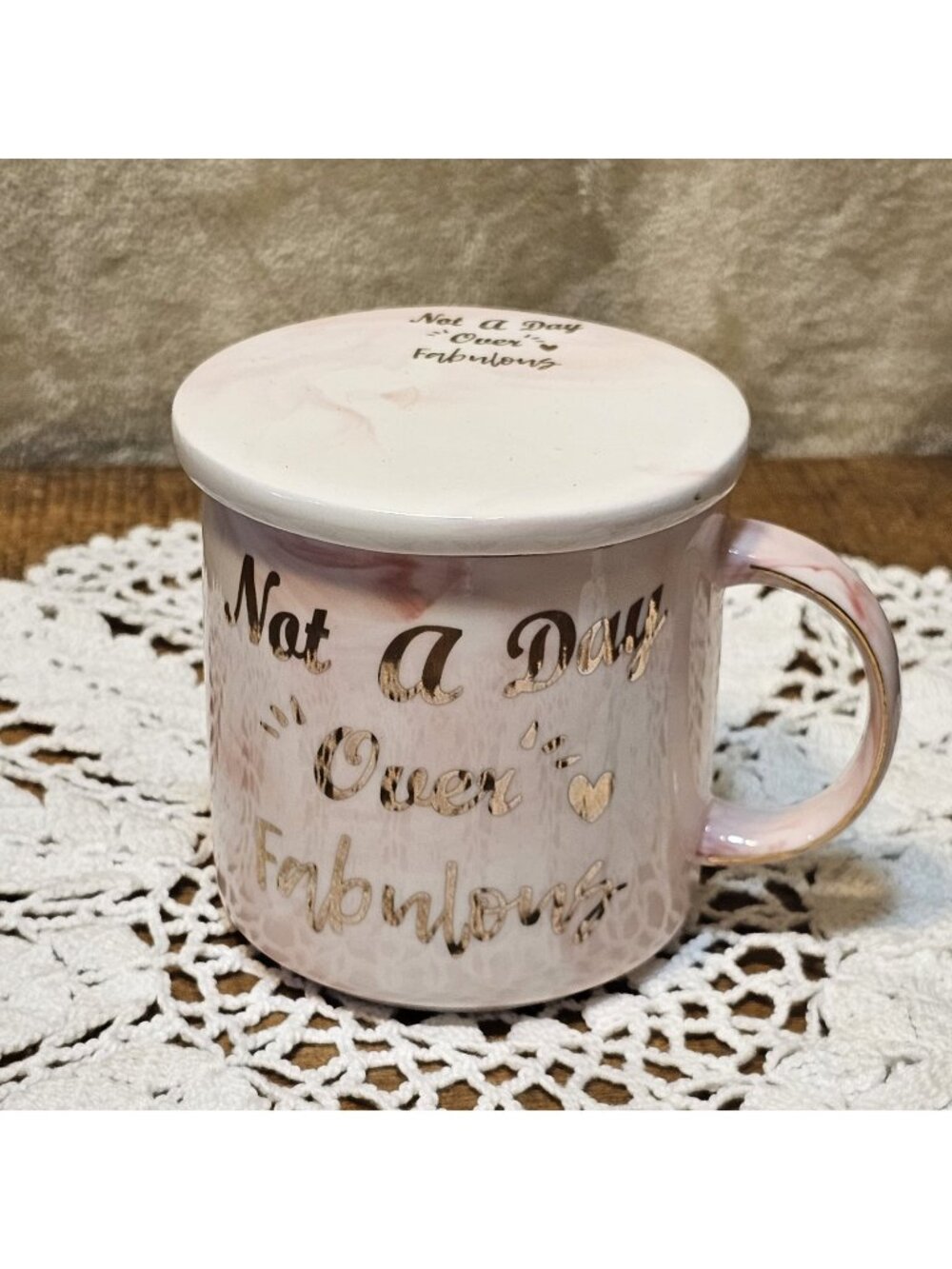 "Not A  Day Over Fabulous " In Gold Letters  Pink Mug And Coaster Set